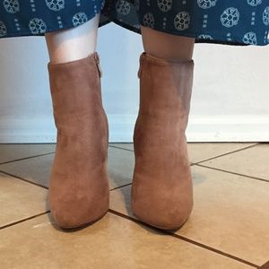 dusty rose suede, heeled, calf boots